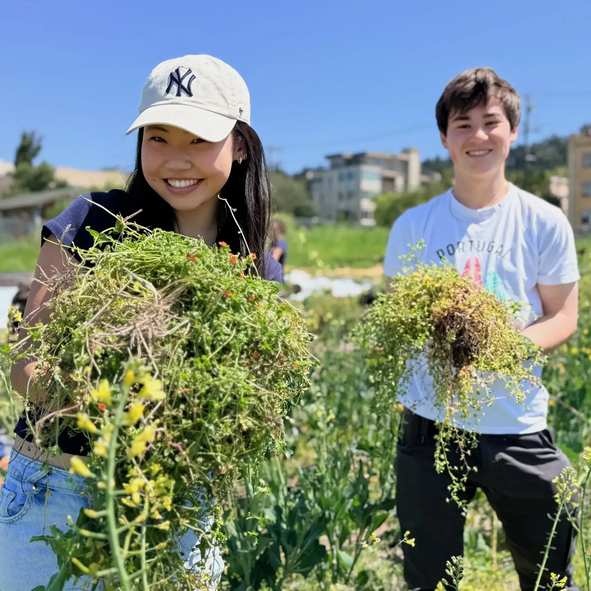 Students holding foliage